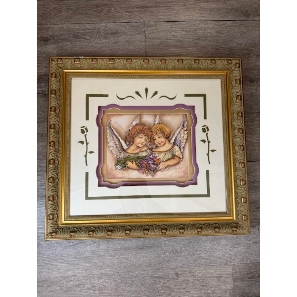 Vintage 3D Cherub Angel Framed Wall Art Gold Ornate Floral Picture Decor